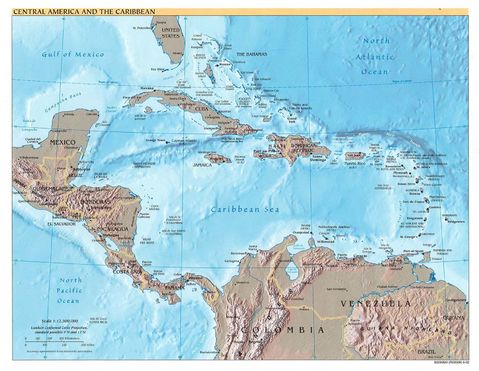 Central America and the Caribbean physical map 2002