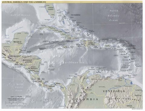 Central America and the Caribbean physical map 2001
