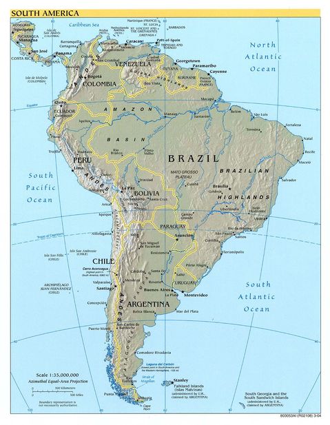 map of south america in spanish with capitals. South America physical map