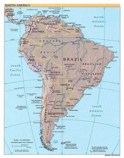 physical map of south america and central america. South America physical map