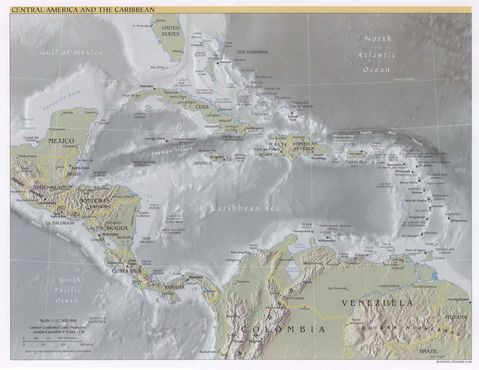 Central America and the Caribbean physical map 1999
