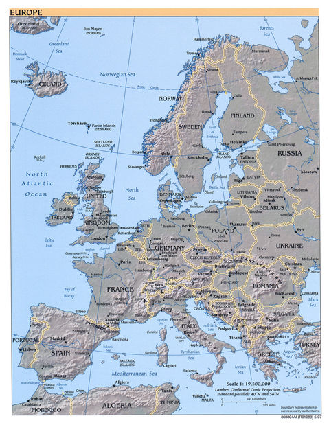 mapa europa fisico. Mapa físico de Europa 2007