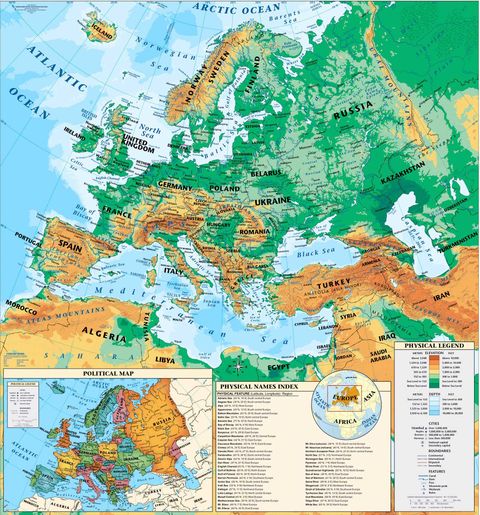 mapa europa fisico. Mapa físico de Europa