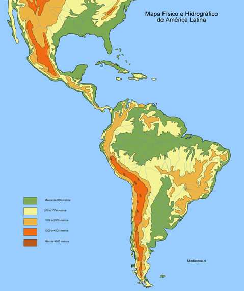 Physical and hydrographic map of Latin America