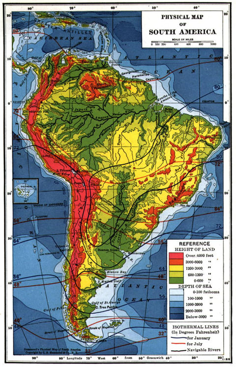 South America physical map, with isothermal lines. Source: