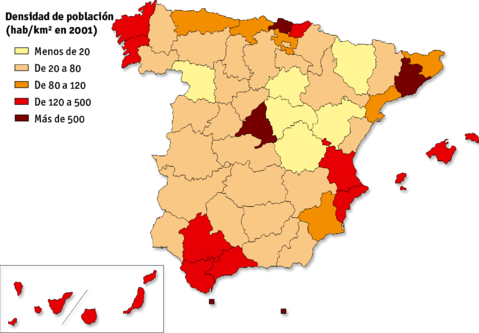 Densidad de población en España 2001