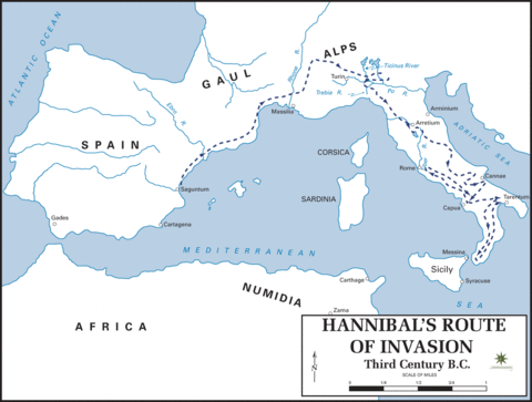 Hannibal's route of invasion of Italy 218 B.C.