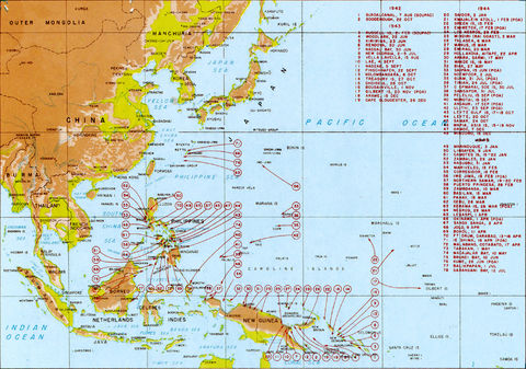 World War II in the Pacific 1942-1945. A map showing the main areas of the 